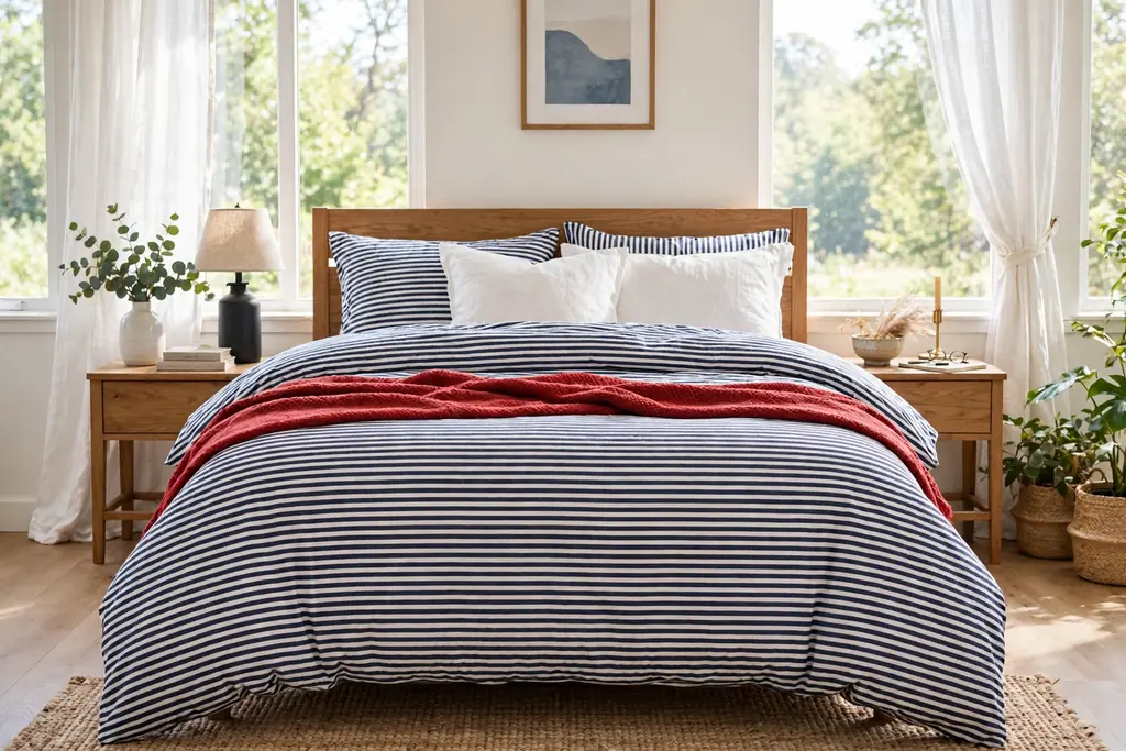 A bed with navy and white striped bedding and a red throw across the foot.