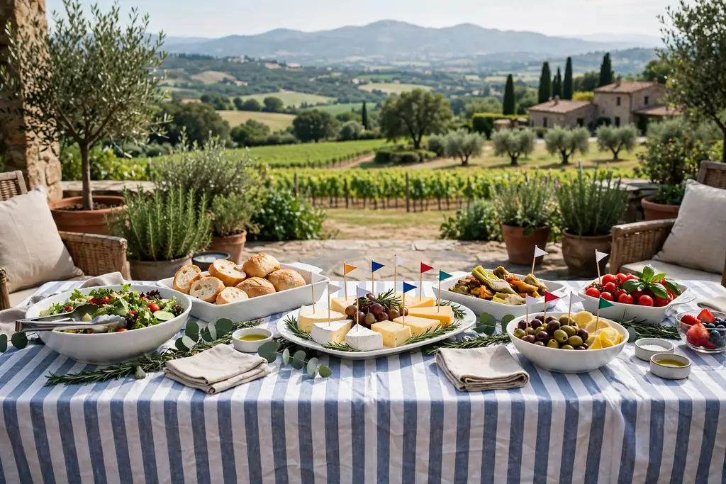 An outdoor buffet table with a striped cloth, white serving dishes, and small flag picks.