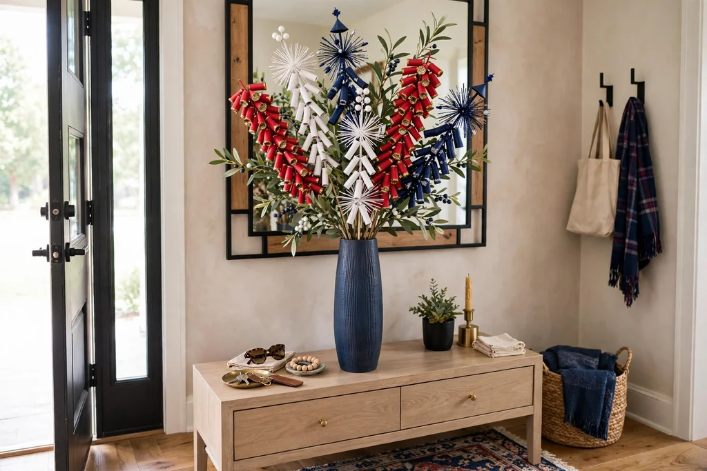 A tall vase with red, white, and navy firecracker style picks on a console table.