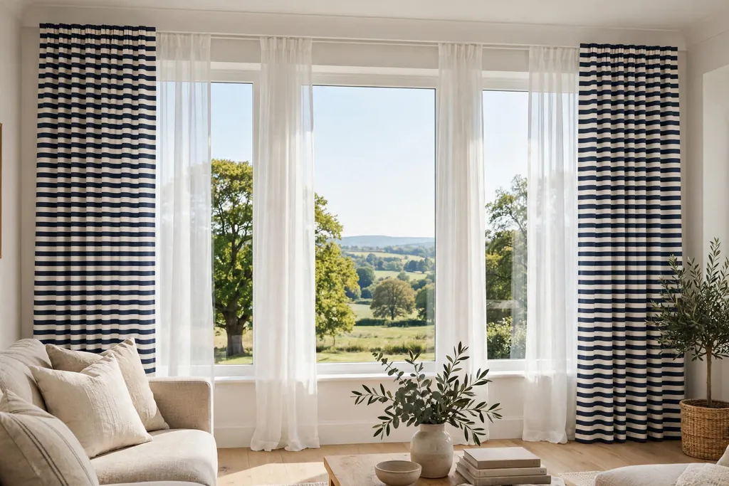 Living room windows with navy and white striped panels and white sheers behind them.