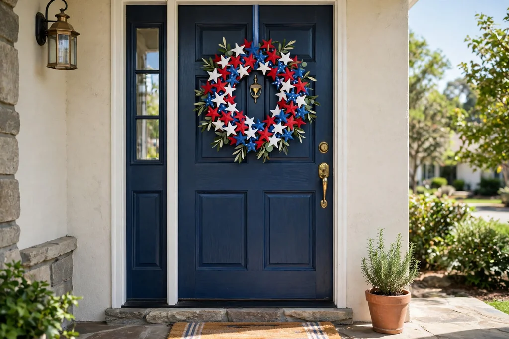 A wreath of red, white, and blue stars hanging on a front door at eye level.