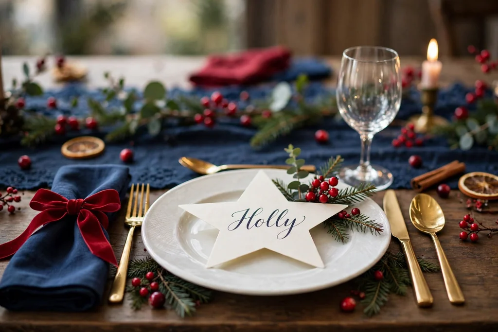 A dinner table place setting with a star shaped place card on a white plate.
