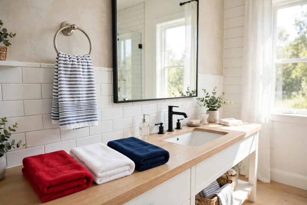 A bathroom with red, white, and navy hand towels and a striped towel on a ring.
