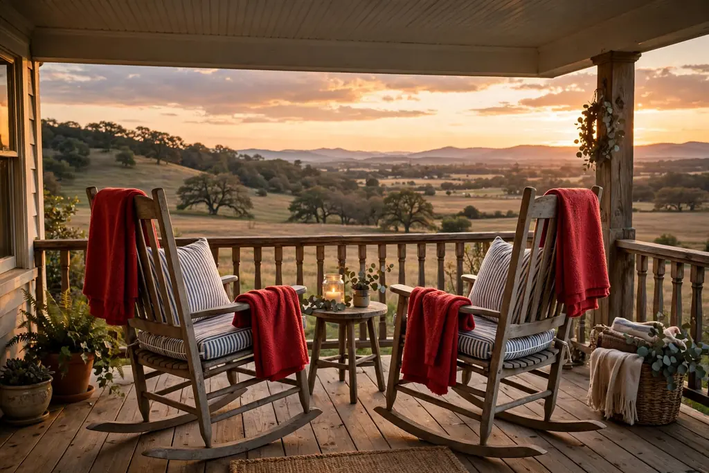 Porch rocking chairs with striped cushions and folded red throws in the evening.