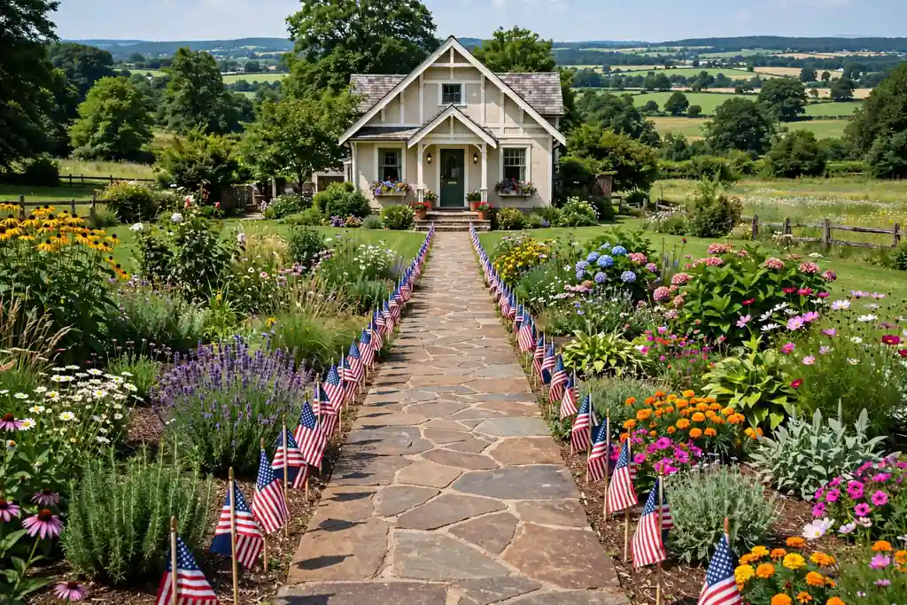 A front walkway lined with small flags on short sticks leading to a front door.