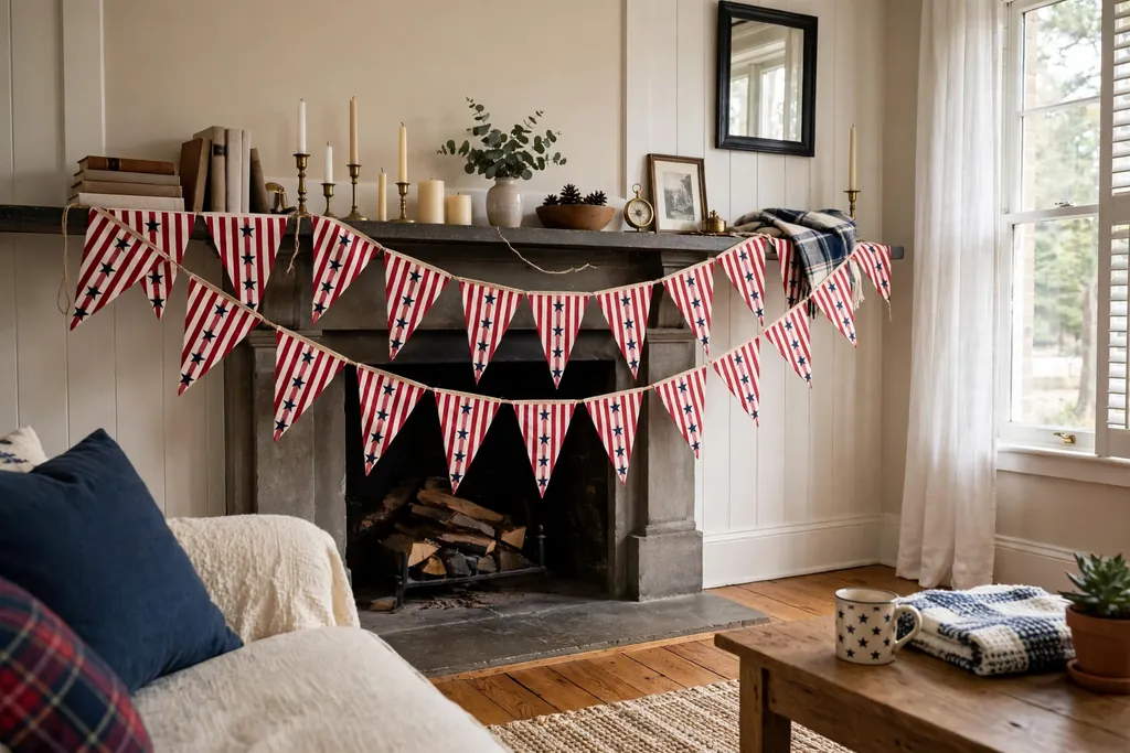 Red and white striped bunting with navy stars draped across a mantel.