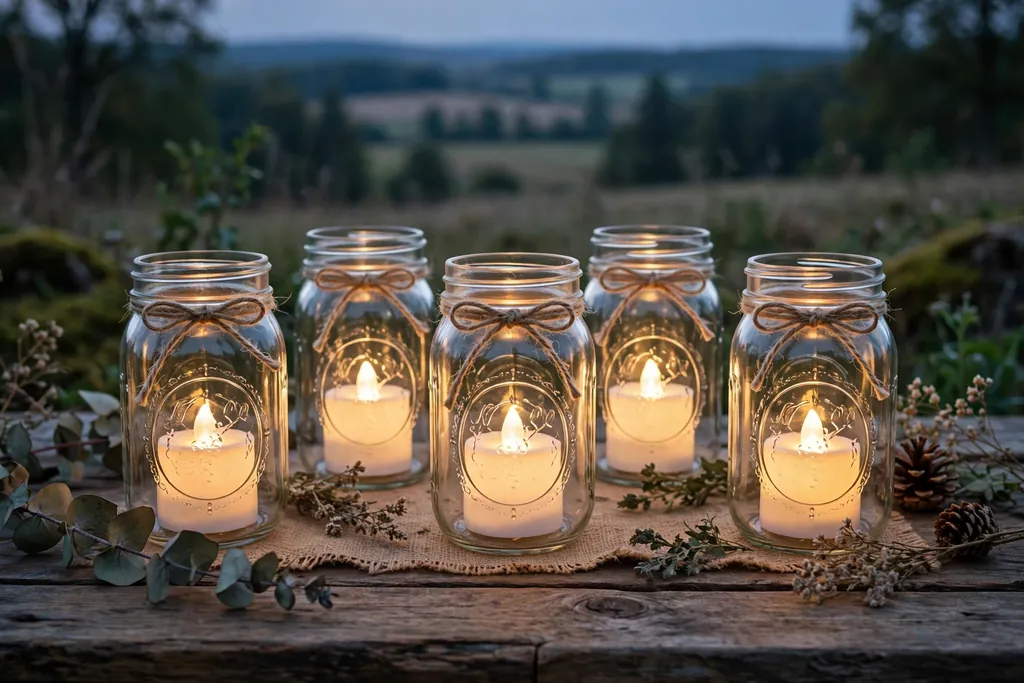 Mason jars with battery candles and twine tied around the necks on a table.