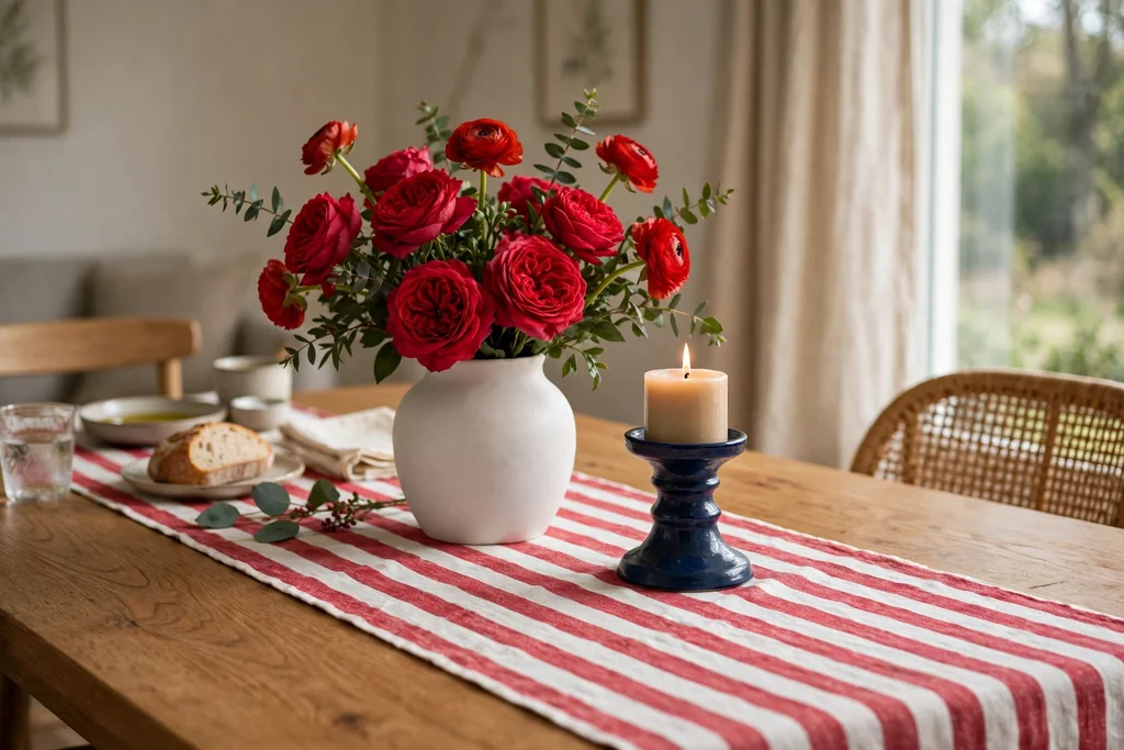 A dining table with a striped runner, a white vase of red flowers, and a navy candle holder.
