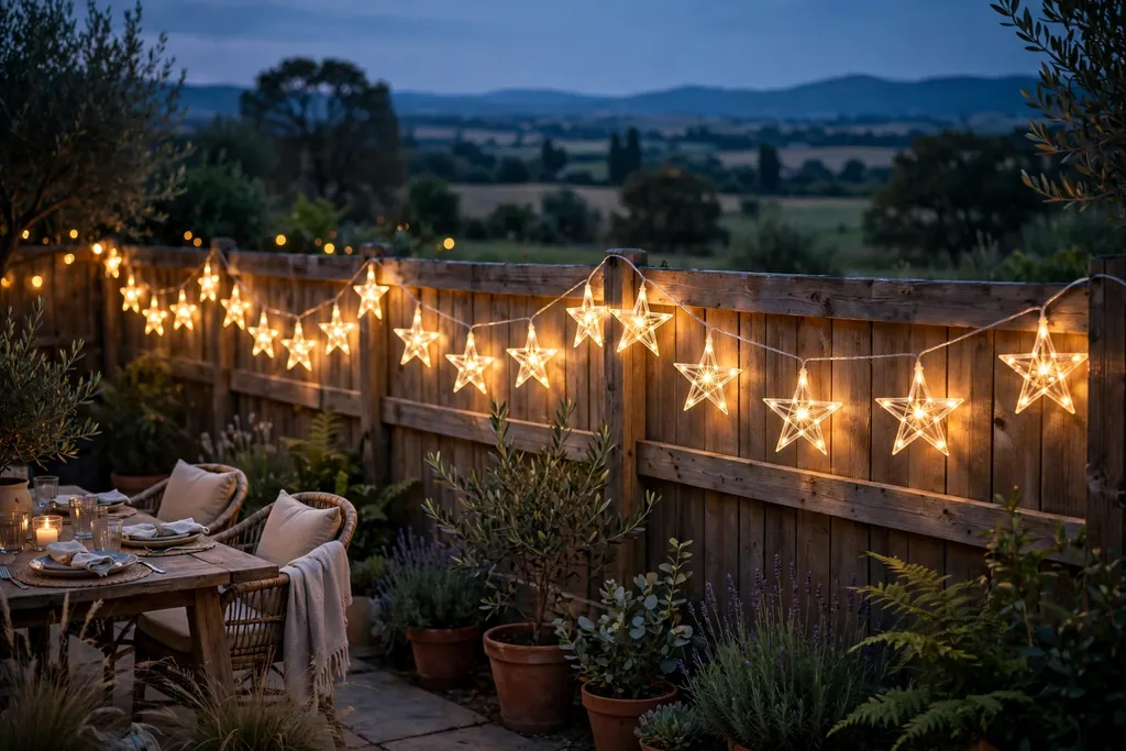 Star shaped string lights hanging along a patio fence in the evening.