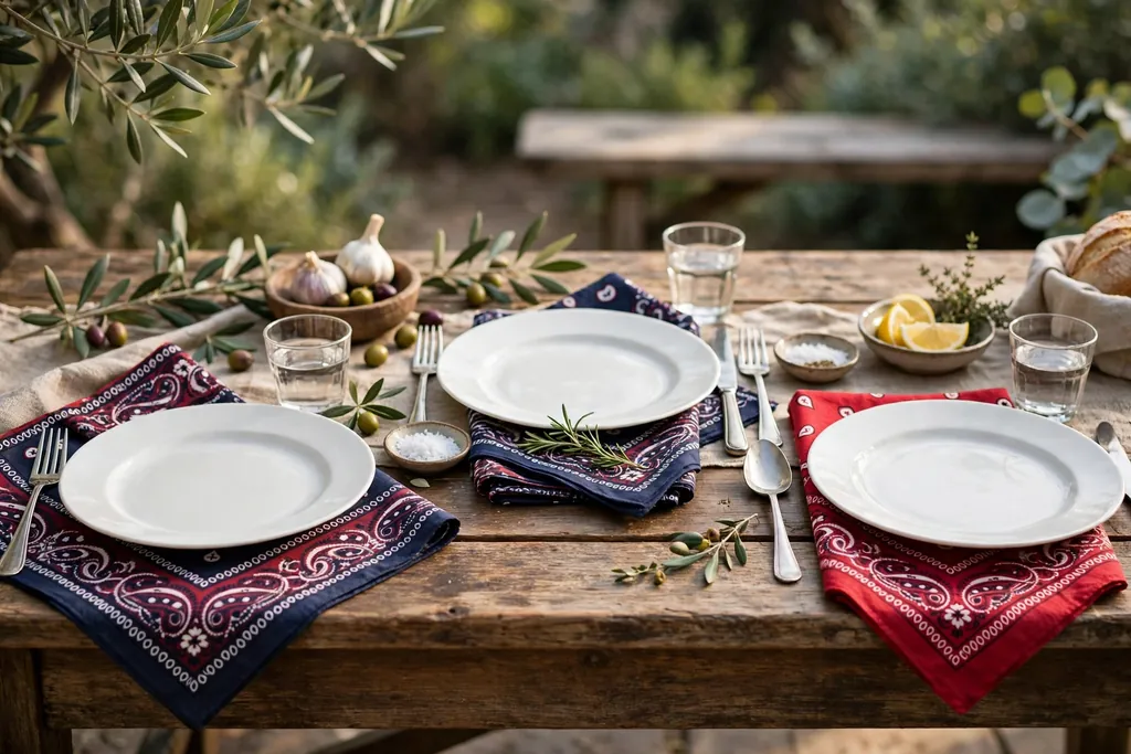 A table setting with red and navy bandana print napkins and plain white plates.