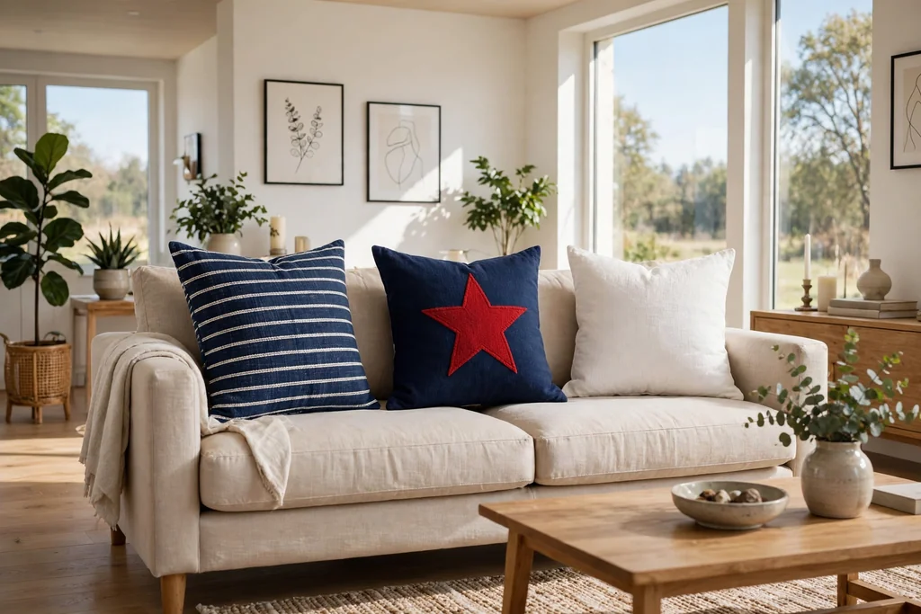A sofa with navy striped, red star, and plain white throw pillows.