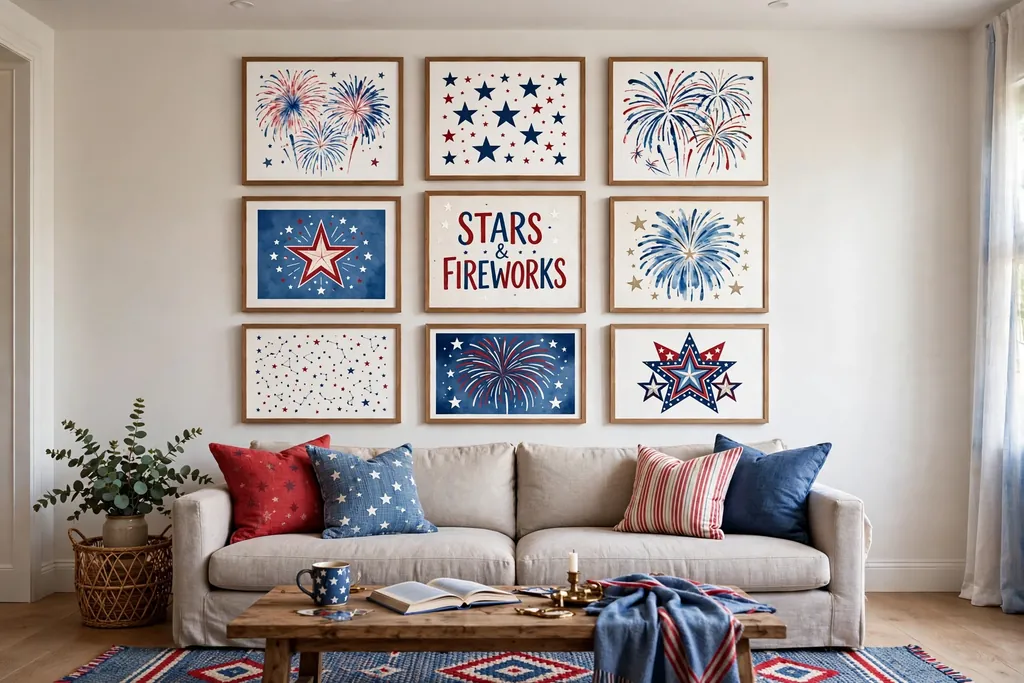 A gallery wall of framed firework and star prints in red, white, and blue above a sofa.