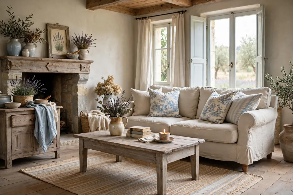 French country living room with a washed wood coffee table and a linen sofa.