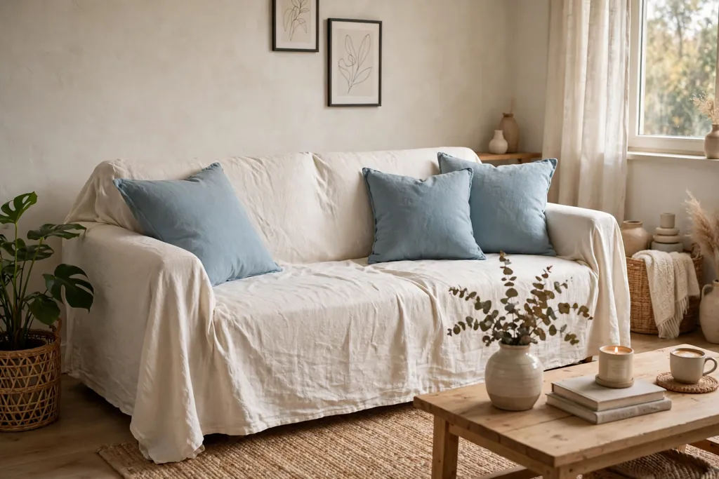Living room sofa dressed with a warm white linen slipcover and soft blue cushions.