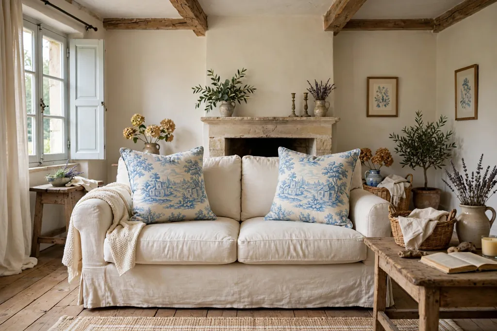 Linen sofa with soft blue toile cushions on cream in a French country living room.