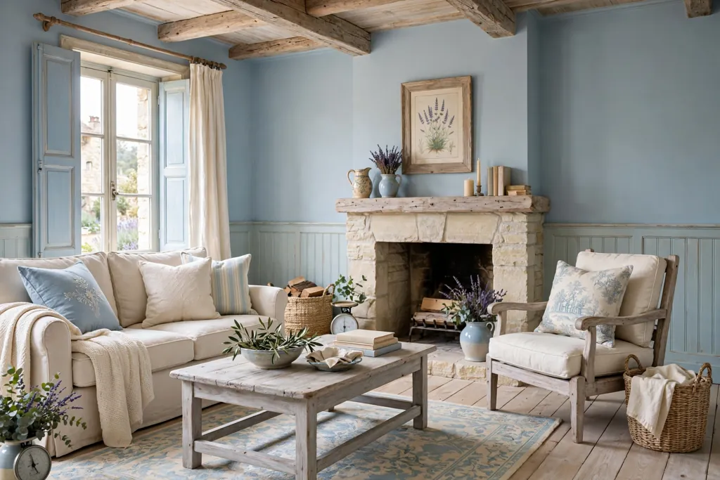 French country living room in soft blue and cream with washed wood furniture.