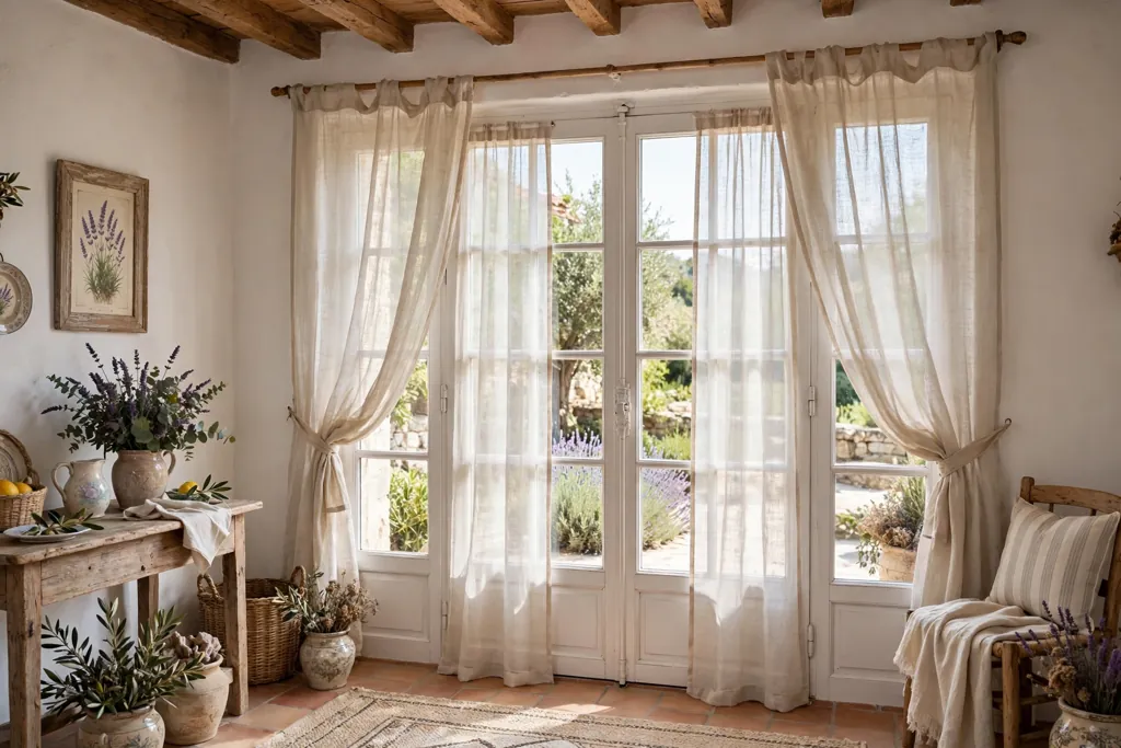 French doors with sheer linen panels in a bright French country room.