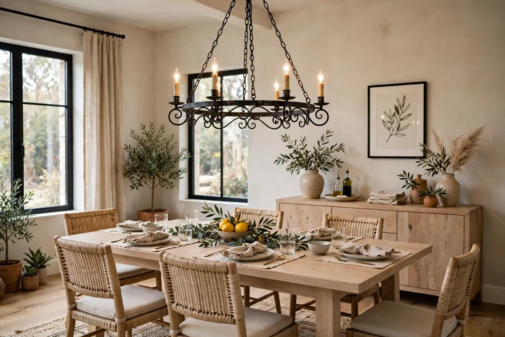 Dining room with a wrought iron chandelier over a pale wood dining table.