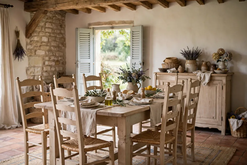 Farmhouse dining table in pale wood with ladderback chairs in a French country room.