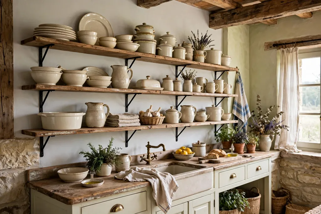 French country kitchen with open shelving holding cream crockery and stoneware.