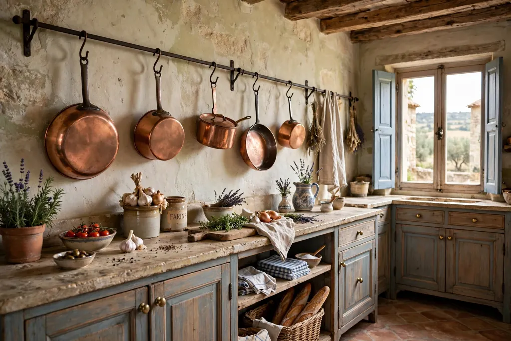 French country kitchen with copper pots hanging from a wall rail.
