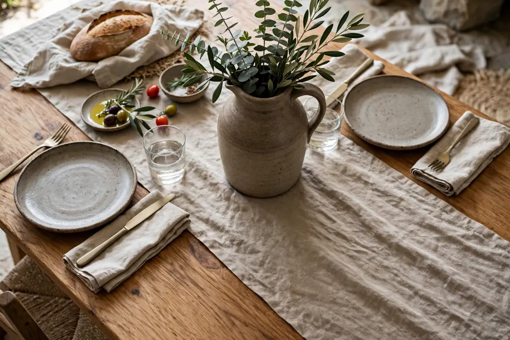 Dining table with a linen runner, stoneware plates, and a stoneware jug centerpiece.
