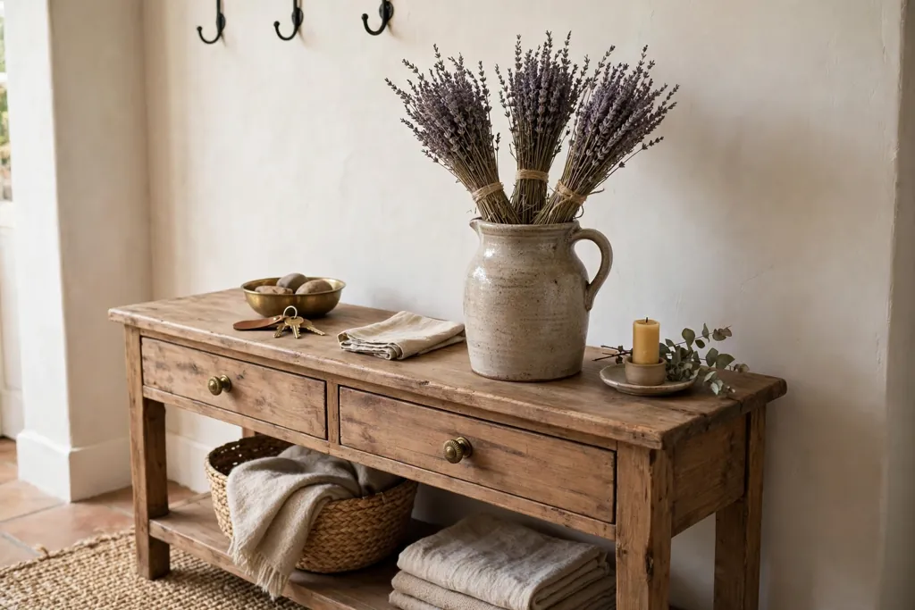 Entry console with dried lavender bundles in a stoneware jug.