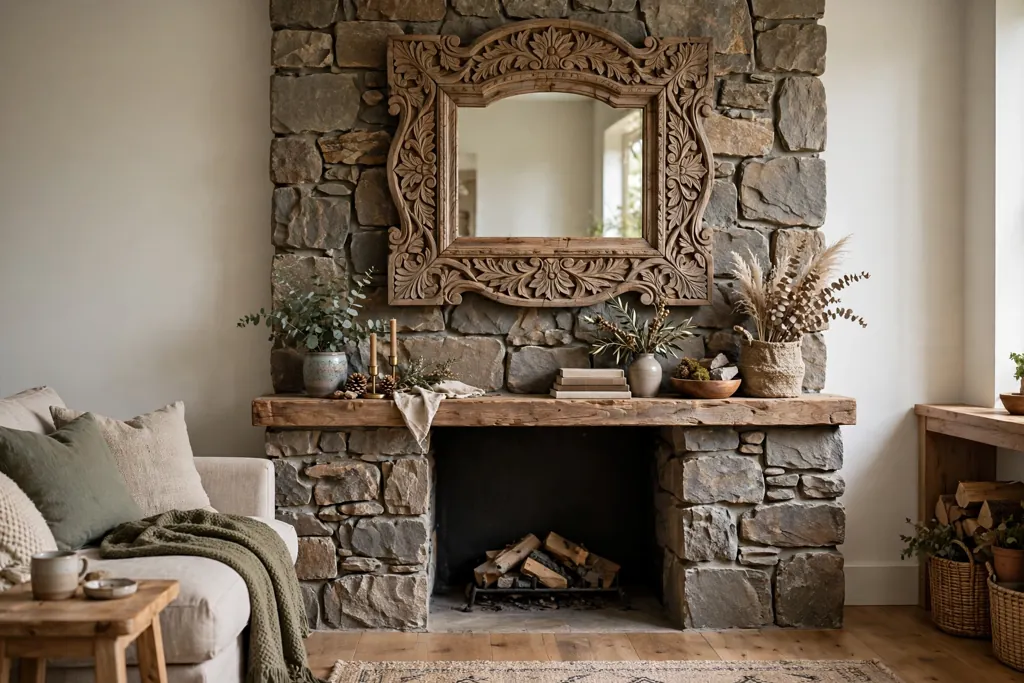 Living room stone fireplace mantel with a carved wood mirror above it.