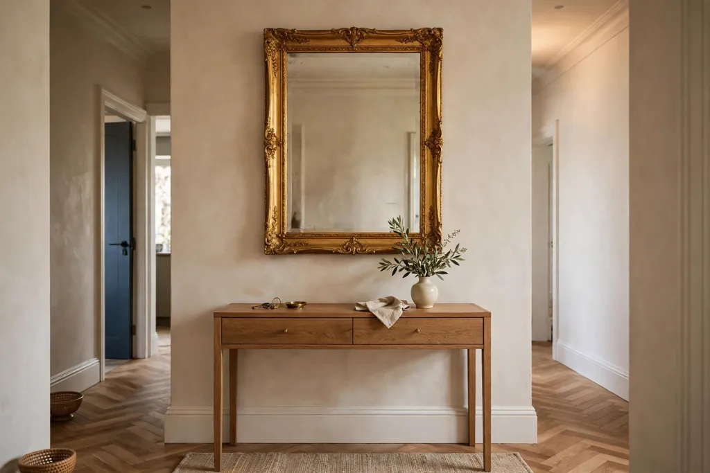Hallway console table with a gilded mirror above it and a small vase.