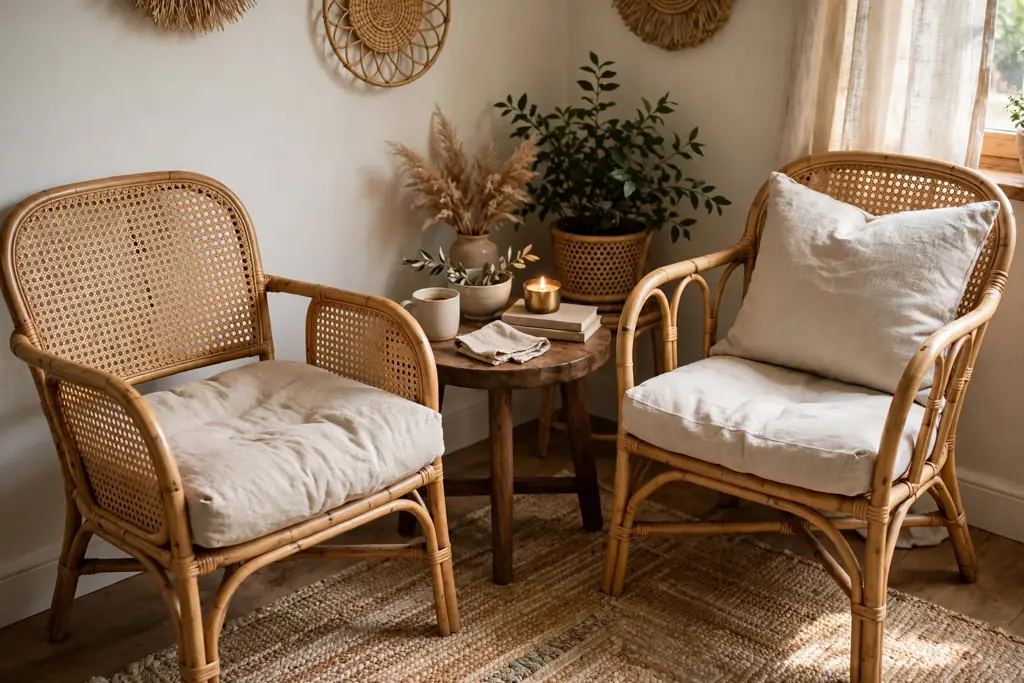 Sitting corner with cane and rattan chairs, linen cushions, and a small side table.