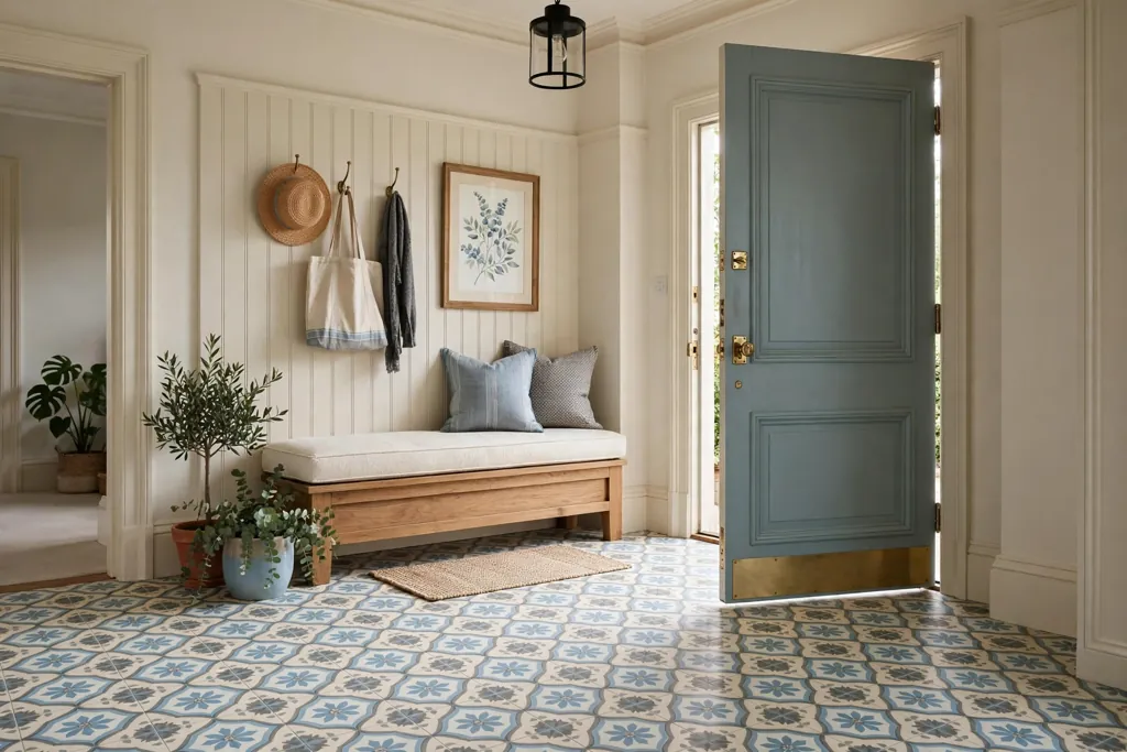 Entry with patterned floor tile in soft blue, cream, and grey.