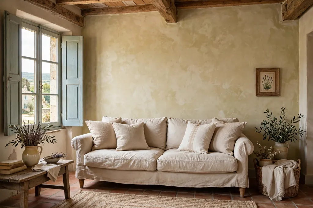 French country room with a limewashed wall behind a sofa with linen cushions.