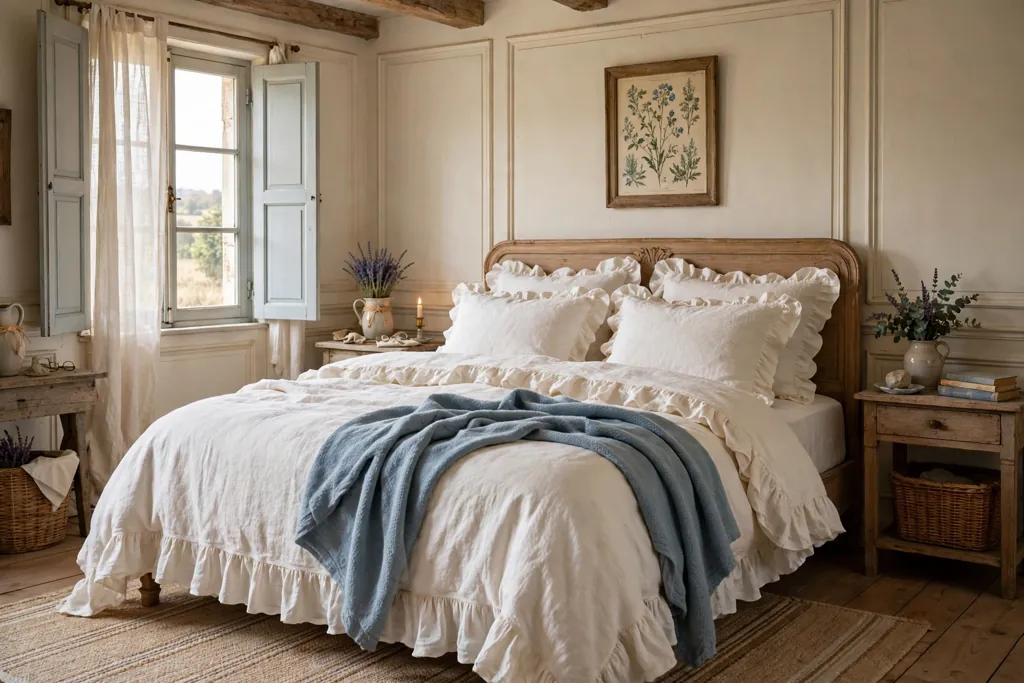 French country bedroom with ruffled linen bedding in warm white and a soft blue throw.