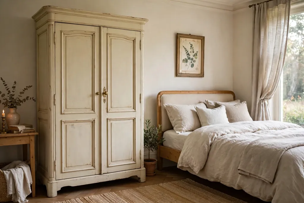 Bedroom with a painted cream vintage armoire beside a bed with linen bedding.