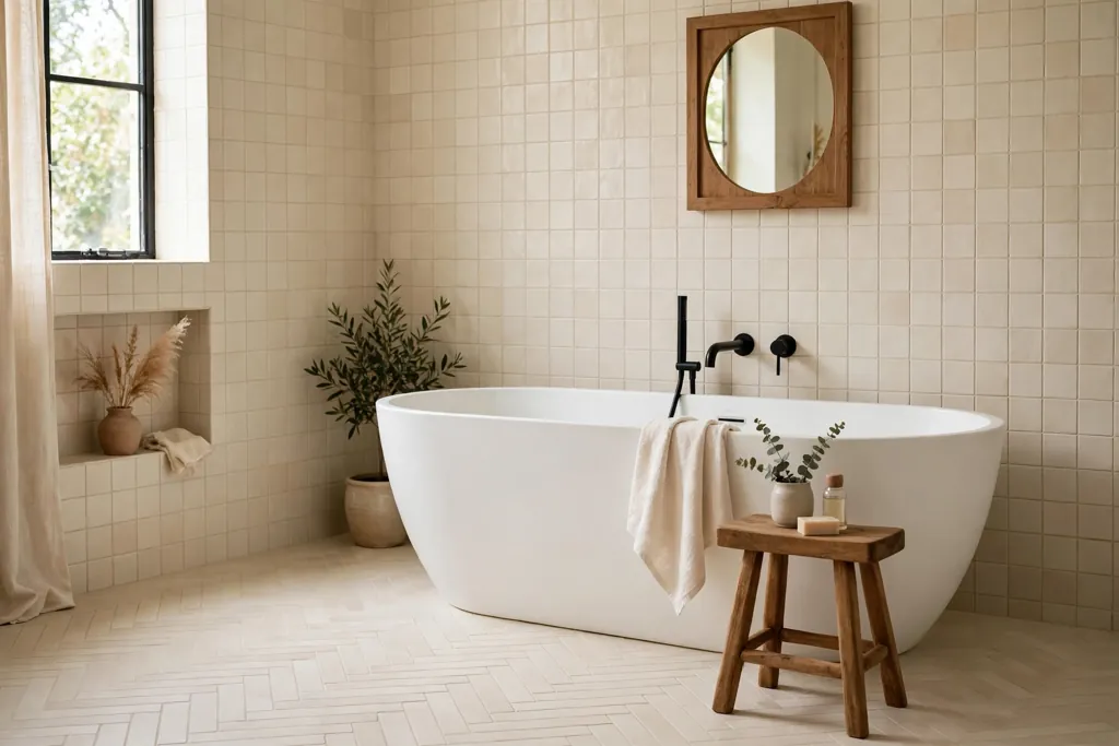 Bathroom with a freestanding white tub, cream tile, and a wood stool.