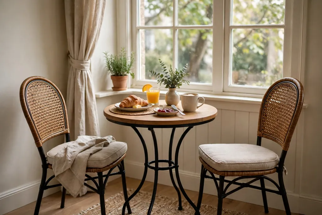 Breakfast nook with a small round bistro table and two chairs beside a window.