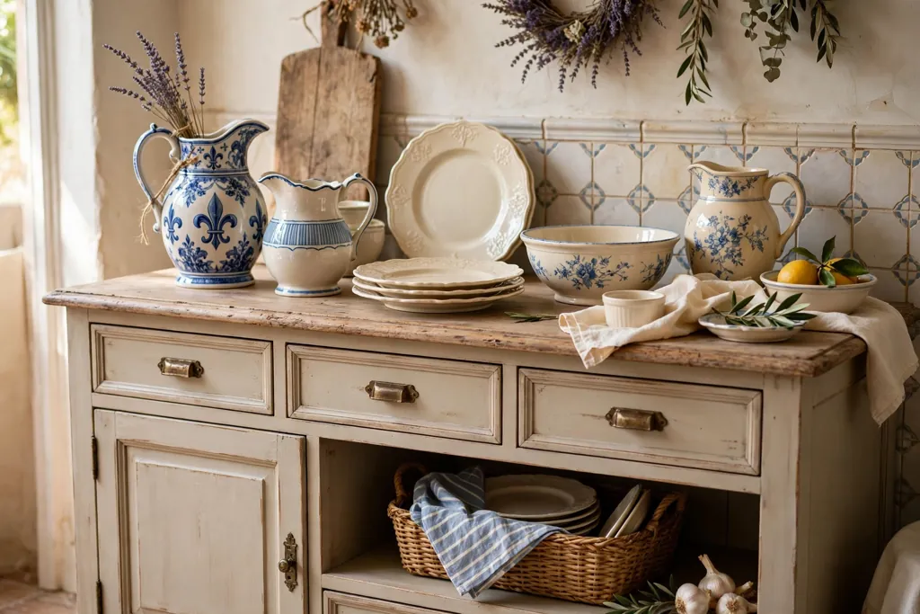 Kitchen dresser styled with French ceramics, pitchers, and cream plates.