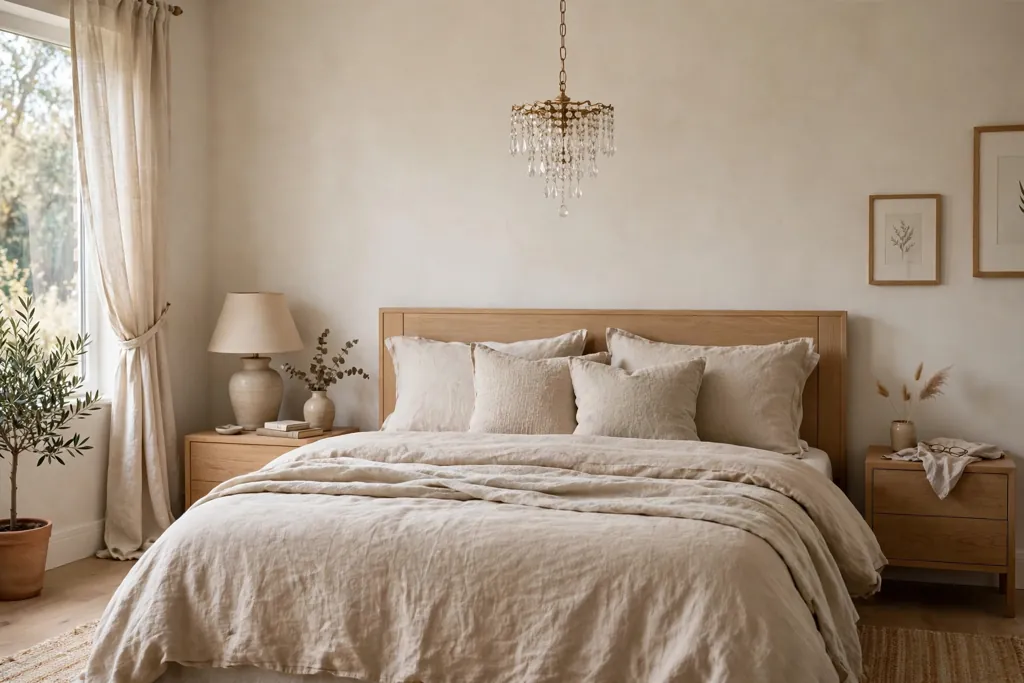 Bedroom with a small crystal drop chandelier above a bed with linen bedding.