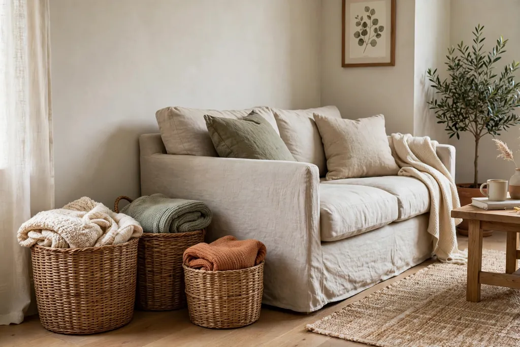 Living room corner with woven baskets holding blankets beside a linen sofa.