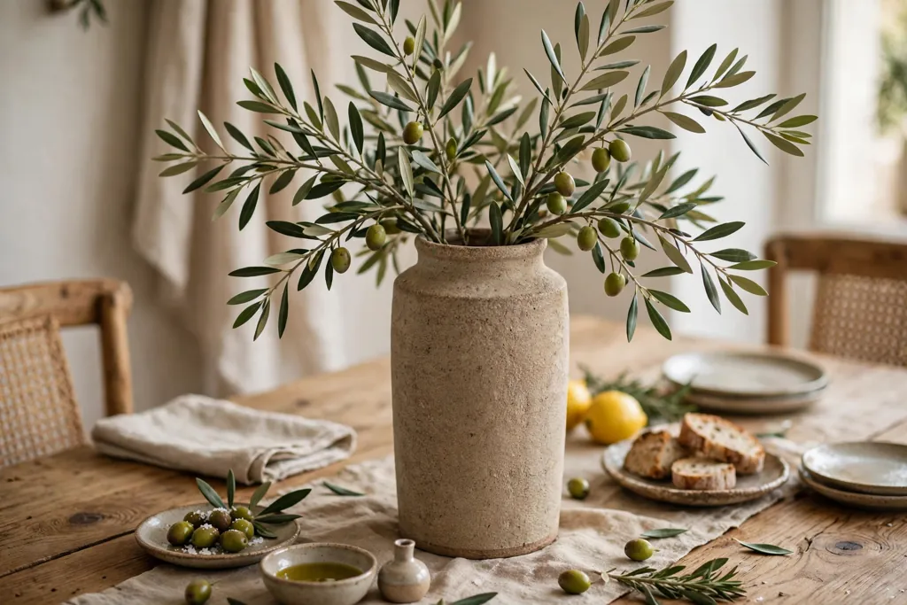 Dining table with olive branches in a tall stoneware vase.