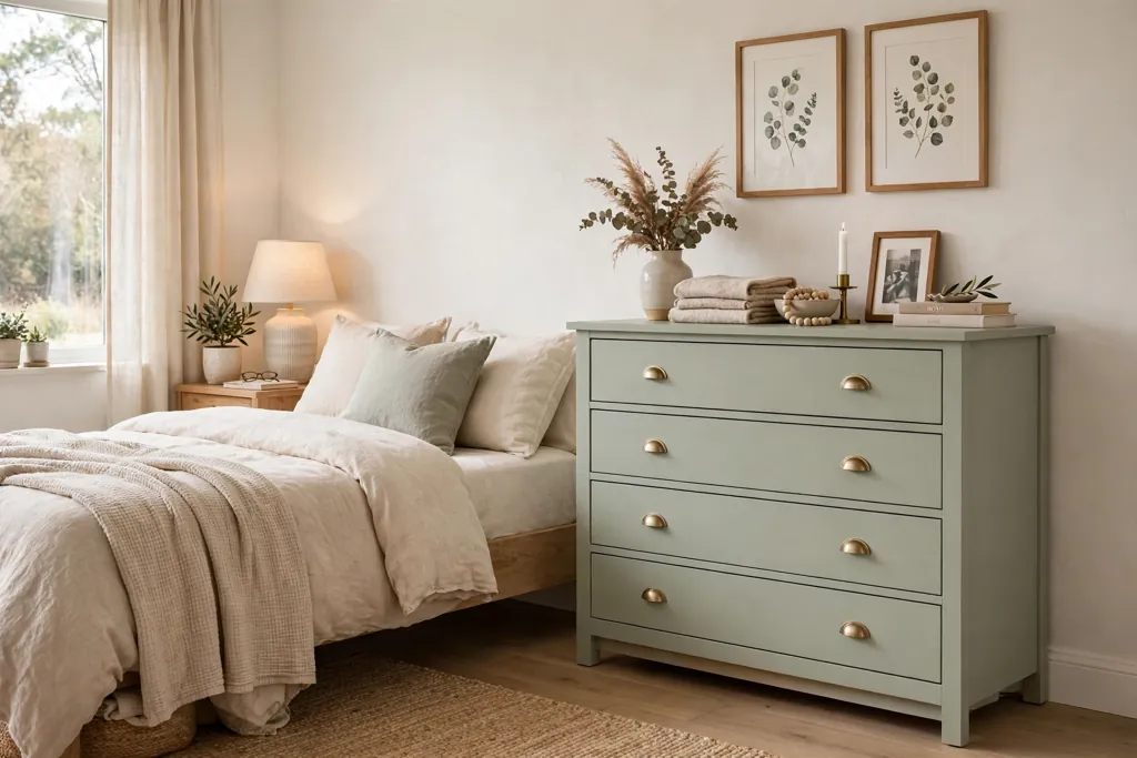 Bedroom with a dresser painted in soft sage with simple cup pulls.