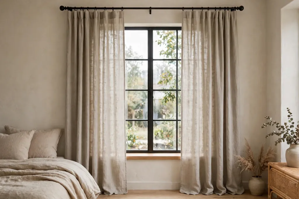 Bedroom window with floor length linen curtains on a dark iron rod.