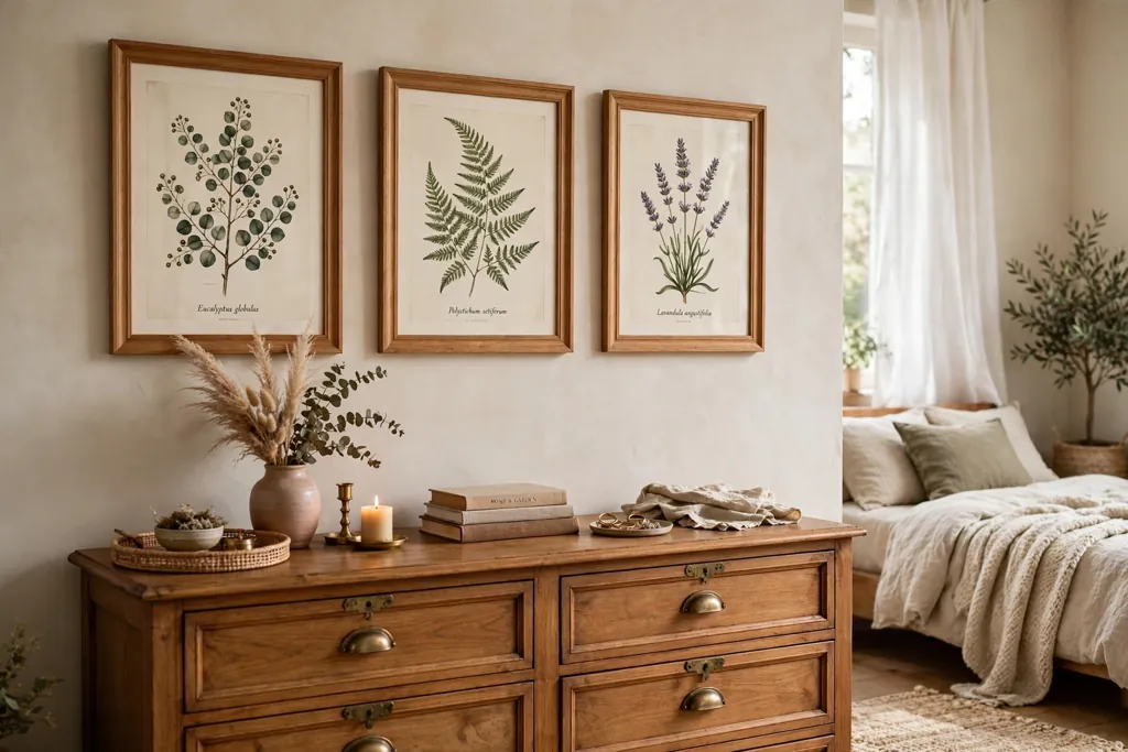 Bedroom with framed botanical prints in wood frames above a dresser.