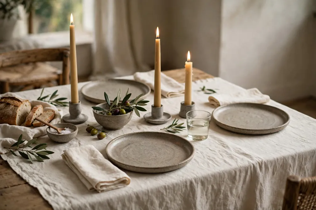 Dining table with a cream linen cloth, taper candles, and stoneware plates.