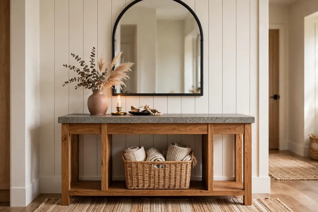 Hall console with a stone top, a basket below, and a mirror above.