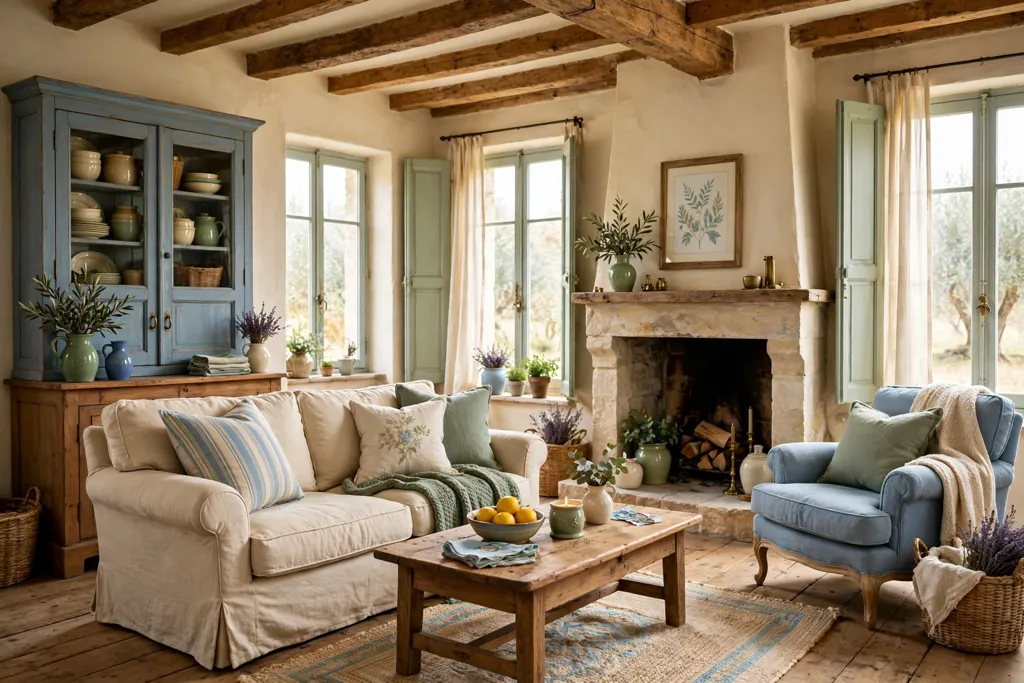 French country home interior in warm cream, soft blue, sage, and warm wood.