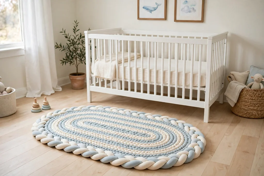 Braided rug in cream and pale blue on a pale wood nursery floor.