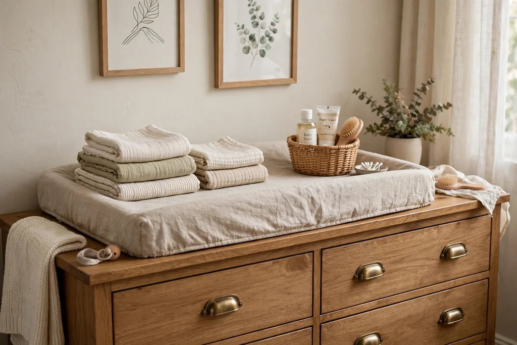 Nursery changing station with a linen pad cover, folded muslins, and a small basket.