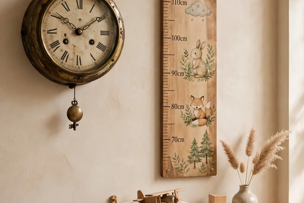 Vintage wall clock beside a wooden growth chart on a nursery wall.