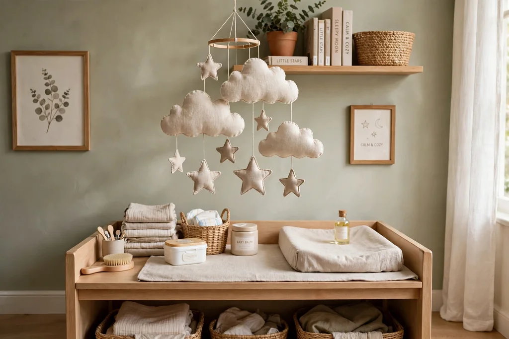 Linen cloud and star mobile hanging above a nursery changing area.
